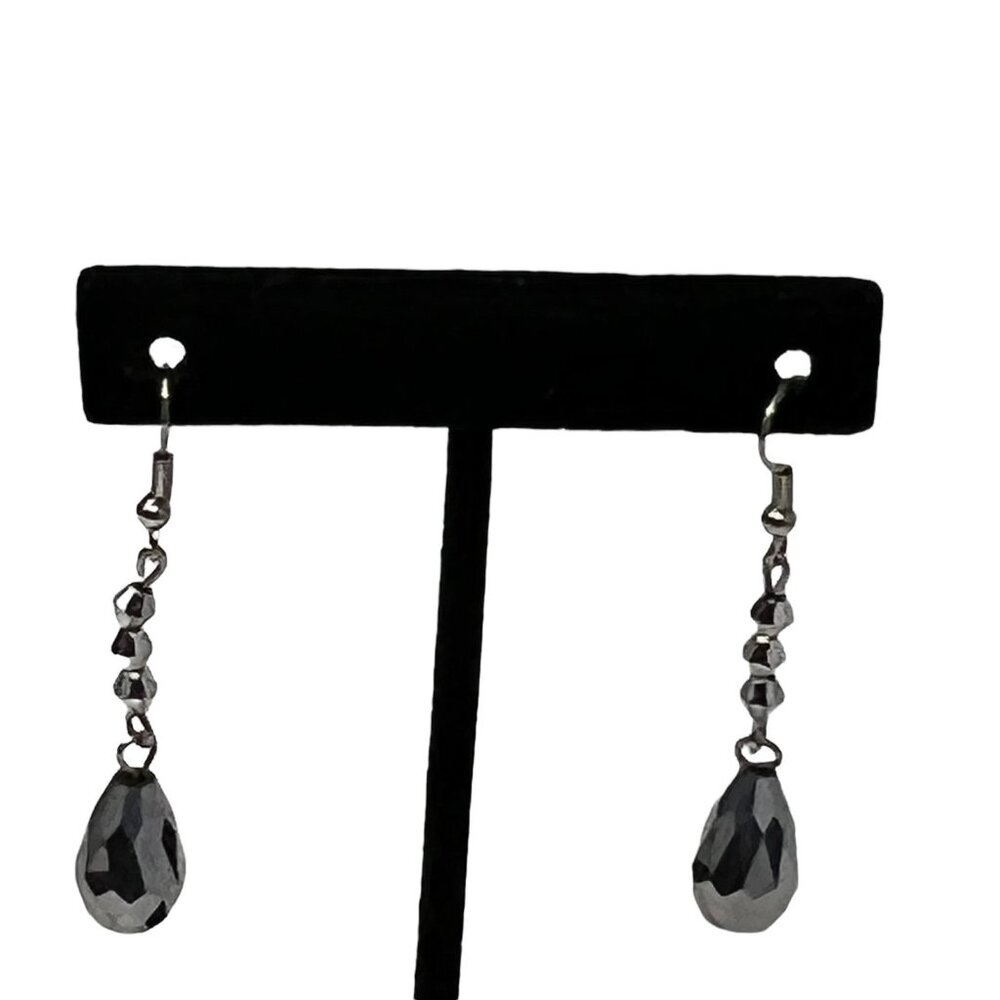 Silver‎ Tone Earrings Drop Faceted Bicone Shiny Beads Pierced Wire